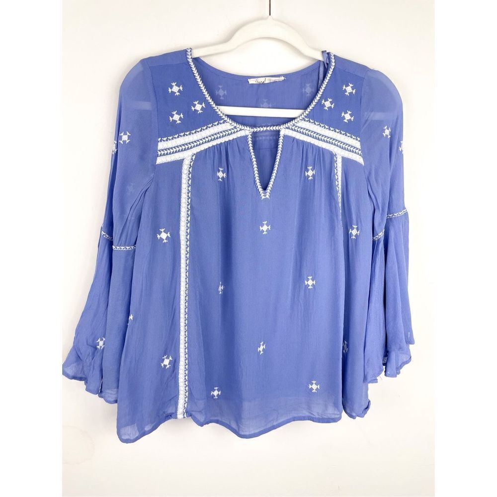 Anthropologie Adena Blue Purple Embroidered Peasant Top Flutter Size 0